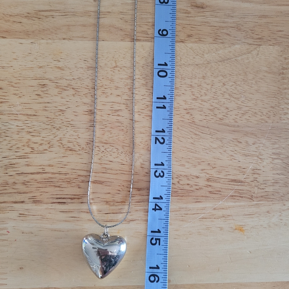 Vintage Puffy Heart Pendant Sterling Silver 16" Long Chain Necklace - Picture 5 of 6